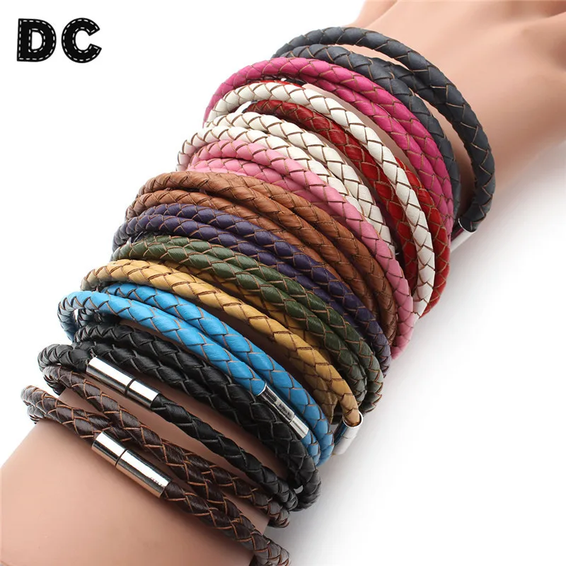 Fashion Black Brown Braid 100% Genuine Leather Bangle Bracelets Cord Wrap with Magnetic Clasp for Men Women Friendship Jewelry