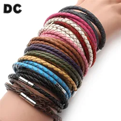 Fashion Black Brown Braid 100% Genuine Leather Bangle Bracelets Cord Wrap with Magnetic Clasp for Men Women Friendship Jewelry