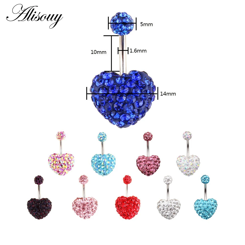 Heart Double Side Belly Piercing Rings Surgical Steel Crystal Disco Ball Belly Button Ring Navel Piercing Body Jewelry