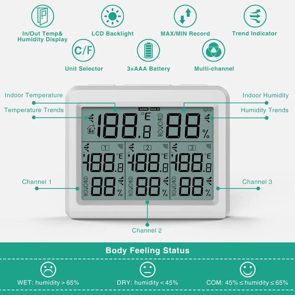 ORIA Hygrometer Thermometer Digital LCD Thermometer Indoor Outdoor Wireless Sensor Temperature Humidity Monitor Remote Control