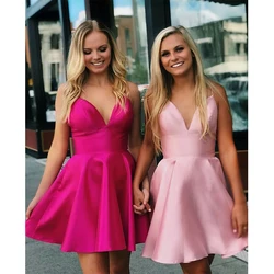 New Arrival Short Mini Graduation Homecoming Dresses Spaghetti Straps V-neck Satin Homecoming Cocktail Party Dresses Above Knee