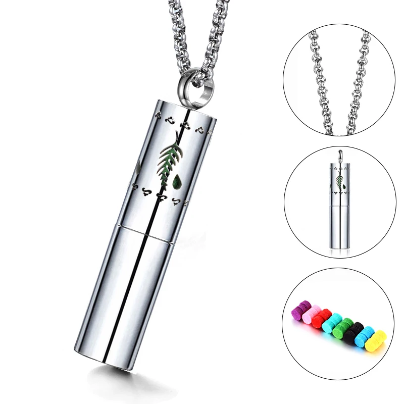 Aromatherapy Necklaces Perfume Essential Oil Diffuser Pendant Cylinder Container Locket 316L Stainless Steel Necklace with 6 Fe