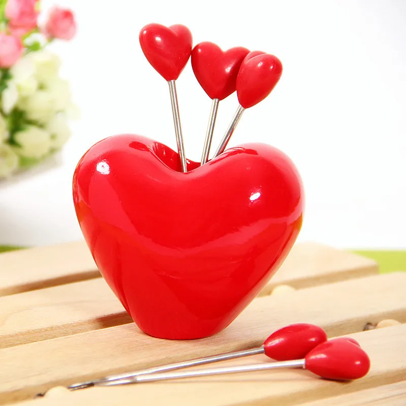 100set/lot Useful Cute Love Heart Fruit Fork Home Kitchen Utility Stainless Steel Fork