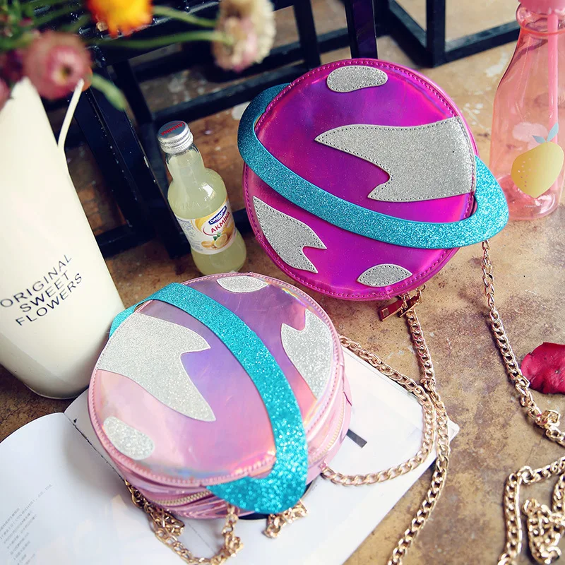 Laser Circular Planet Shape Pursess and Handbags for Young Girls Cute Cartoon Women Chain Crossbody Bag Fashion Novetly Clutch