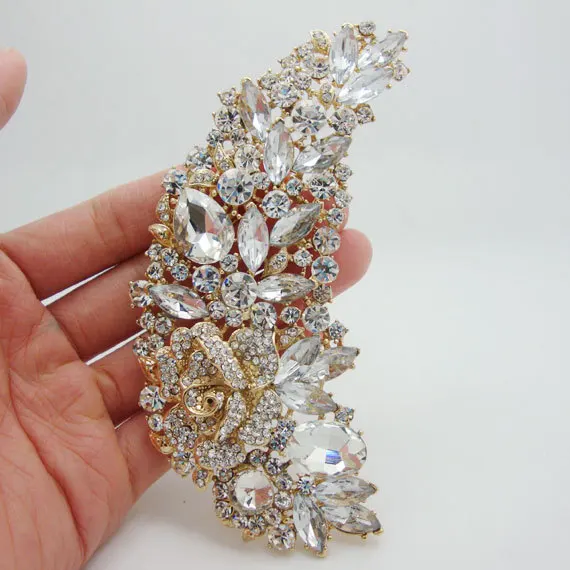 Fashion Elegant Bridal Bridesmaid Clear Rhinestone Crystal Rose Flower Art Nouveau Brooch Pin