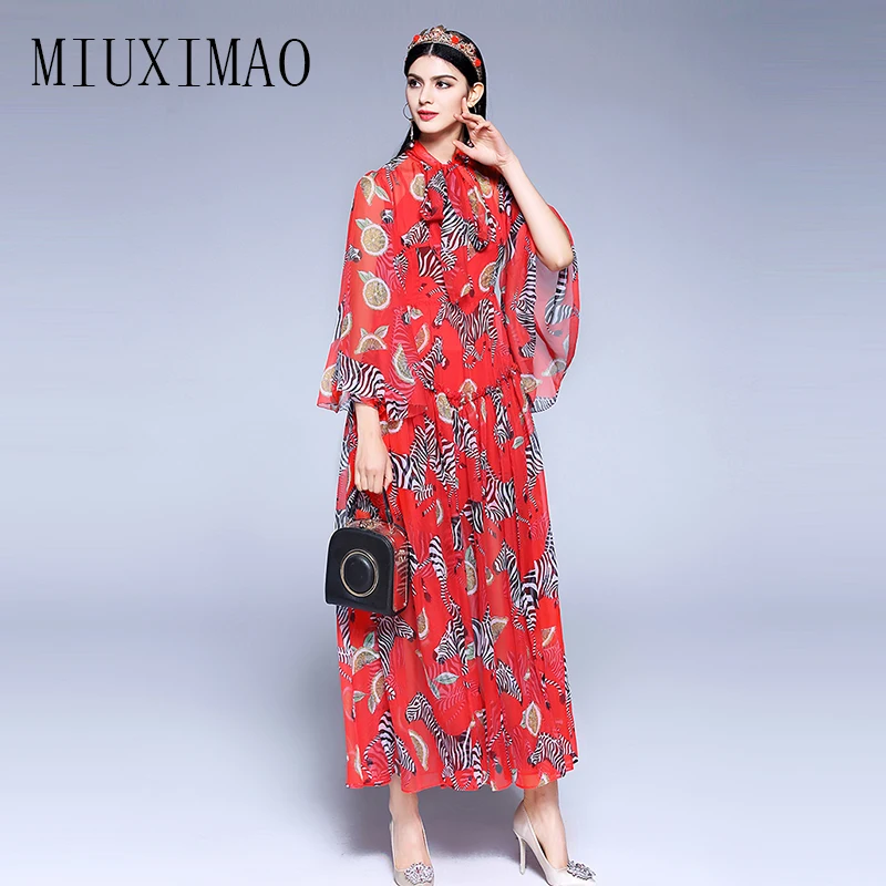 

2018 Europe Elegant New Arrival Spring A-Line O-Neck Batwing Sleeve Bow Animal Print High Quality Ankle-Length Long Dress Women