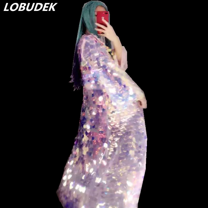 Women Dancer Shiny Overcoat Colorful Sequin Long Coat Punk Style Cloak Female Singer Nightclub HIP HOP Stage Performance Clothes