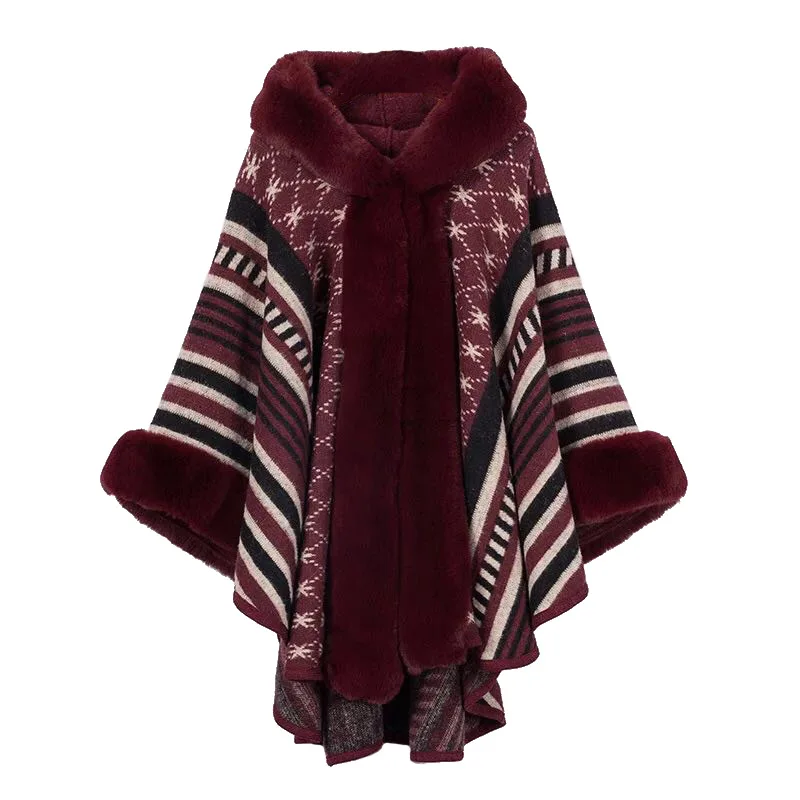 4 Colors Oversize Women Printed Striped Coat Female Long Sleeves Knitted Cardigan Cloak With Hat Winter Faux Rabbit Fur Poncho