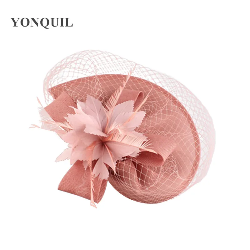 New Colors Crafts Imitation Sinamay Bridal Mesh Hat Fascinator Mesh With Veils Loops And Dark Peach Feathers Flower Headdress