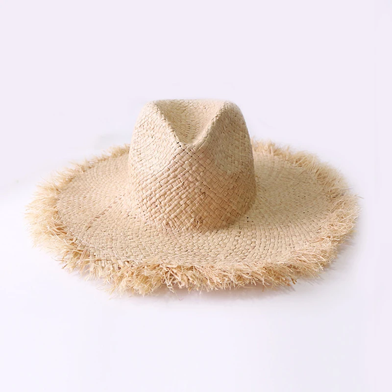 Summer Simple solid color Handmade Weave Raffia Sun Hats For Women Lace Up Large Brim Straw Hat Outdoor Beach Summer Caps