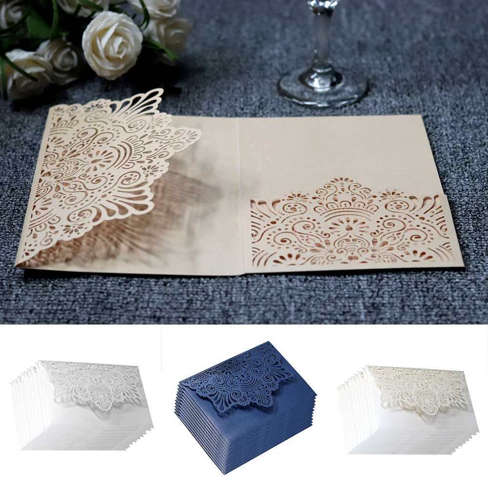 10Pcs Laser Cut Noble Flora Invitations Card Elegant Lace Favor Envelopes Wedding Party Decor