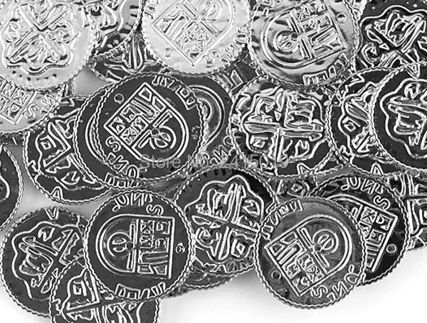 

Wholesale Cool 1000pc plastic Spanish pirate treasure SILVER coins props toys for Birthday party favors cosplay kids hours fun