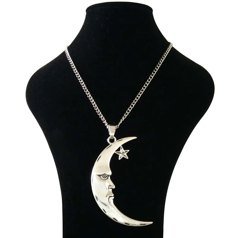 

1 x Tibetan Silver Metal Large Statement Abstract Crescent Moon And Star Pendant Necklaces On Long Link Chain Lagenlook 34