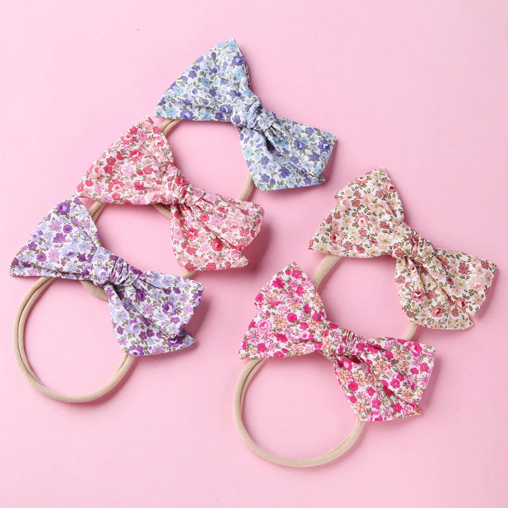 

Boutique 20Pcs Fashion Cute Floral Print Bow Super Soft Hairbands Solid Fabric Big Bowknot Nylon Headbands Princess Headwear