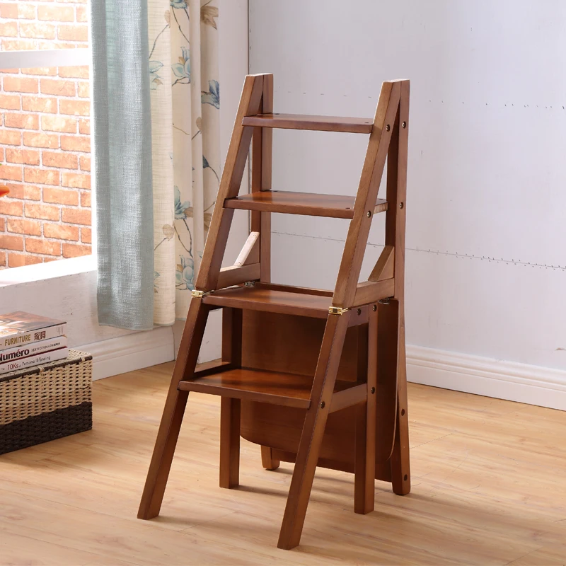 Wooden Folding Library Ladder Chair Kitchen Furniture Step Ladder School Convertible Ladder Chair Step Stool Natural/Honey/Brown