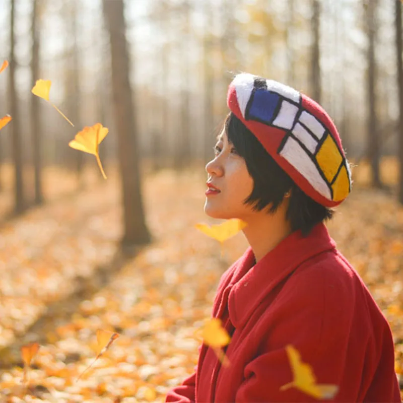 Faramita Holiday Mondrian Autumn Geometric Graphics Colorful Women Hand Made Beret Originality Rock Decoration Girls Hat Cap