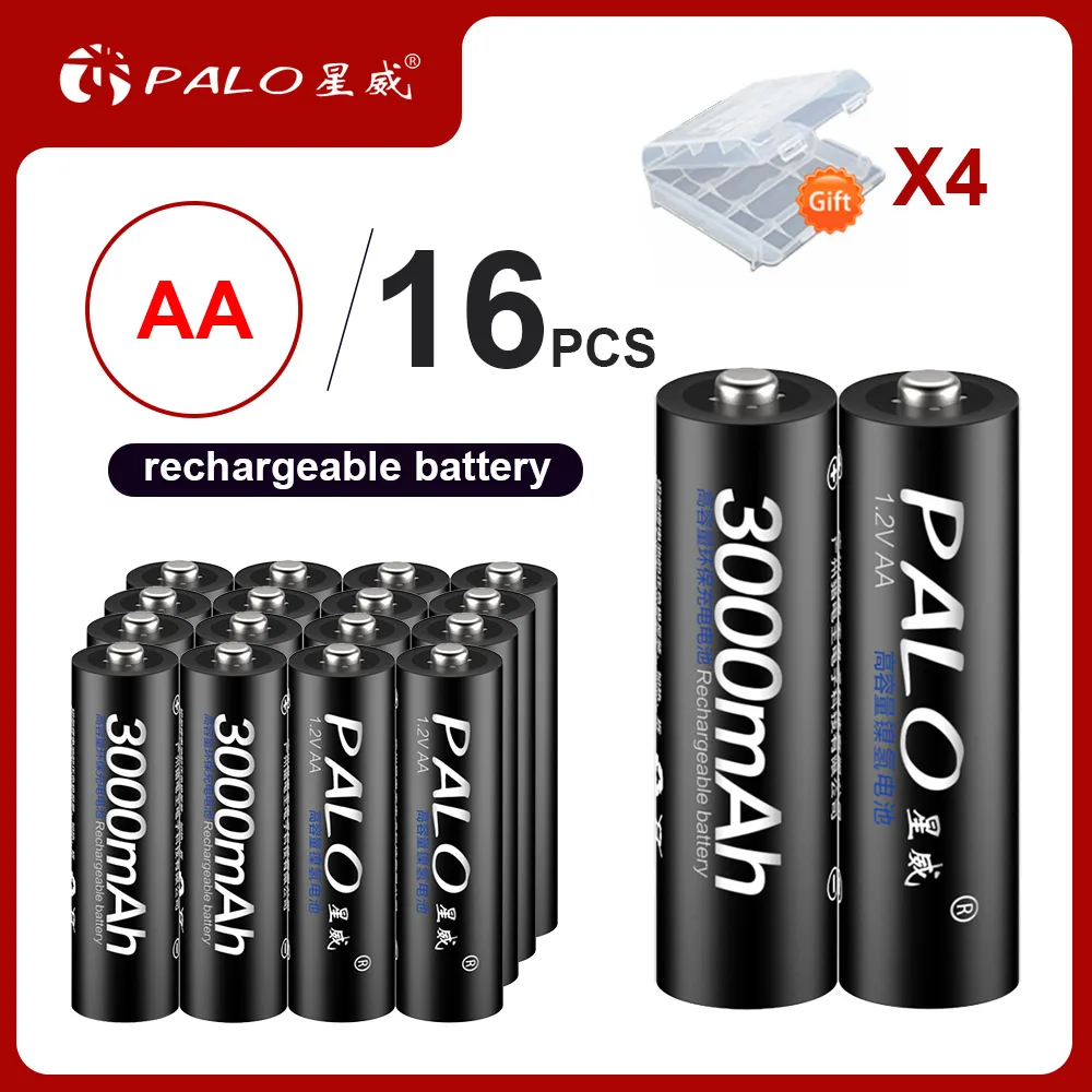 

PALO 16Pcs 2A AA Rechargeable Battery Ni-MH Batteries AA 3000mAh 1.2V Battery for camera Flashlight Toy