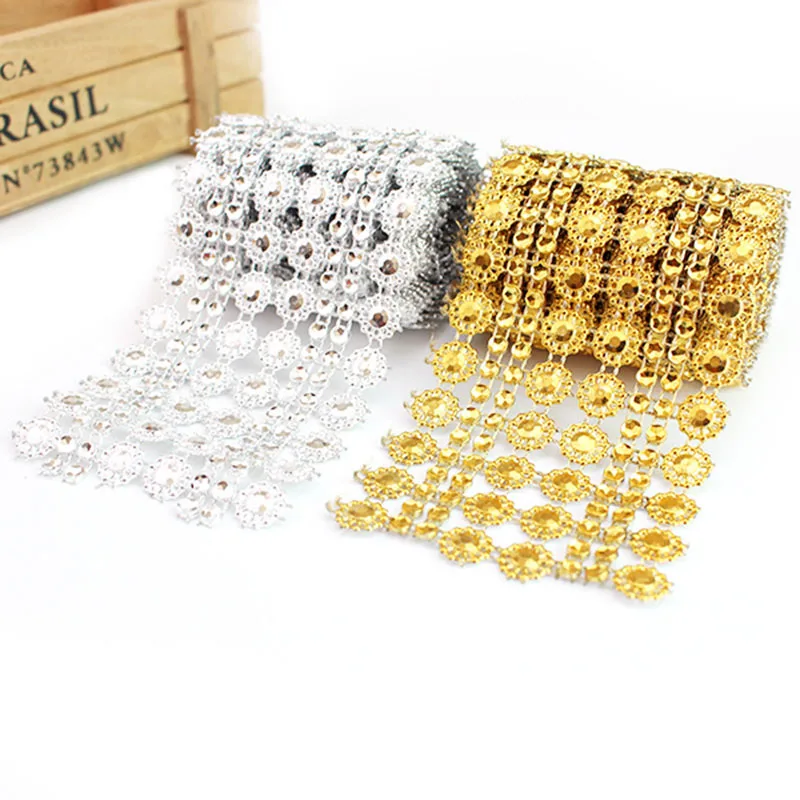 1Yard Bling Sun Flower Acrylic Mesh Roll Ribbon Chain Fabric Wrap Crystal Ribbons Tape Tulle Event Party Wedding DIY Decorations