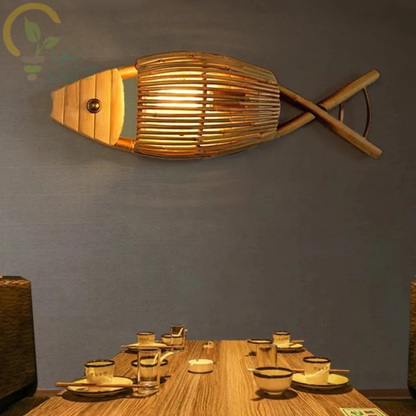 Modern Handmade Bamboo Weaving Fish Shape Wall Lamp Personality Restaurant Caf Decorative Wall Lights