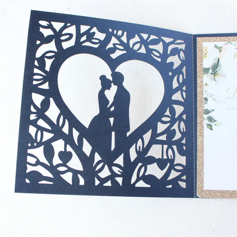 Pearl wedding invitations blue couple laser cutting customized printing supply 50pcs