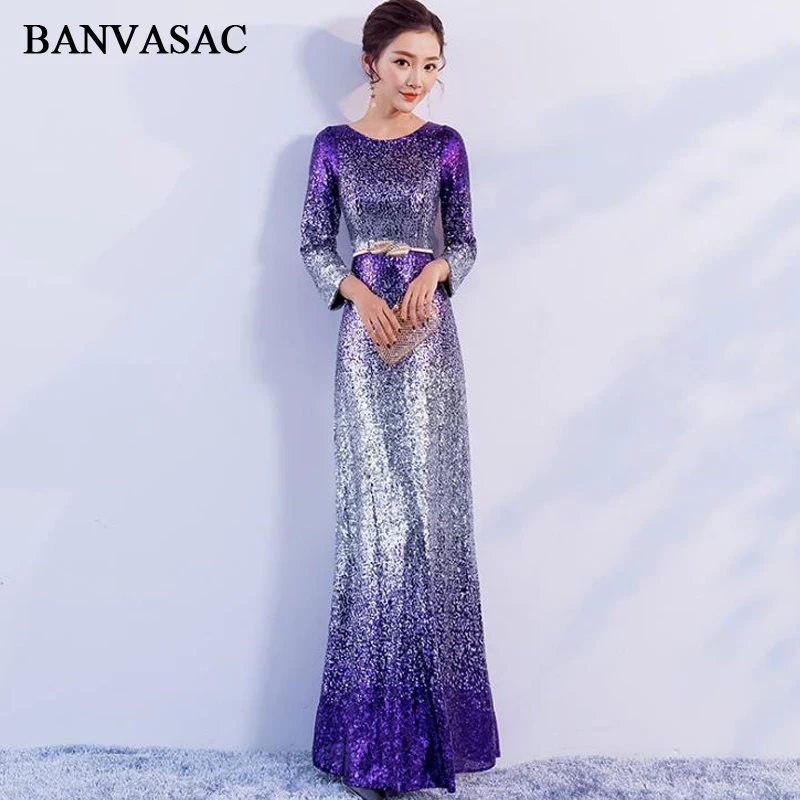 BANVASAC Elegant O Neck Sequined Mermaid Long Evening Dresses Party Metal Leaf Sash Zipper Back Prom Gowns