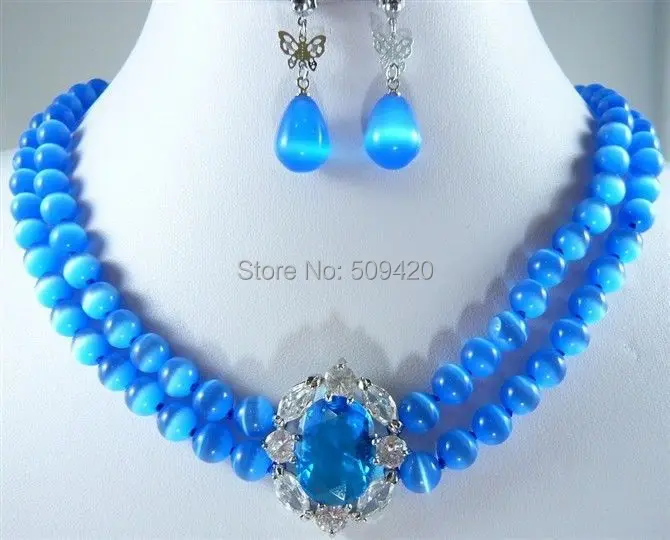 

Wholesale jewe 2Strds 8mm Blue Mexican Opal Necklace Earring