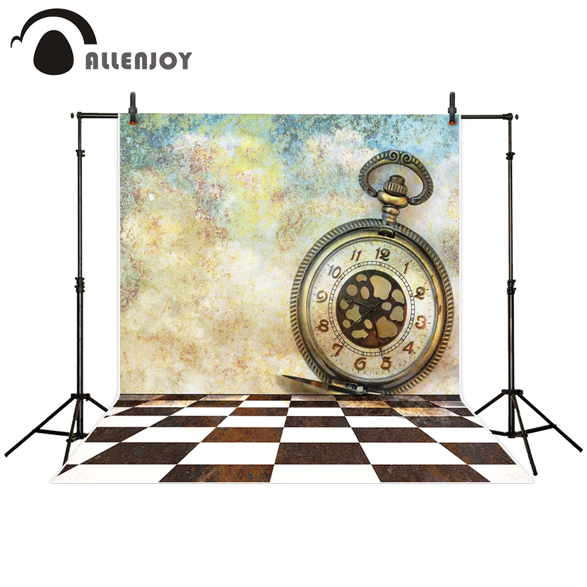 Allenjoy photography backdrop Vintage wall metal European pocket watch black white grid ground background camera fotografica