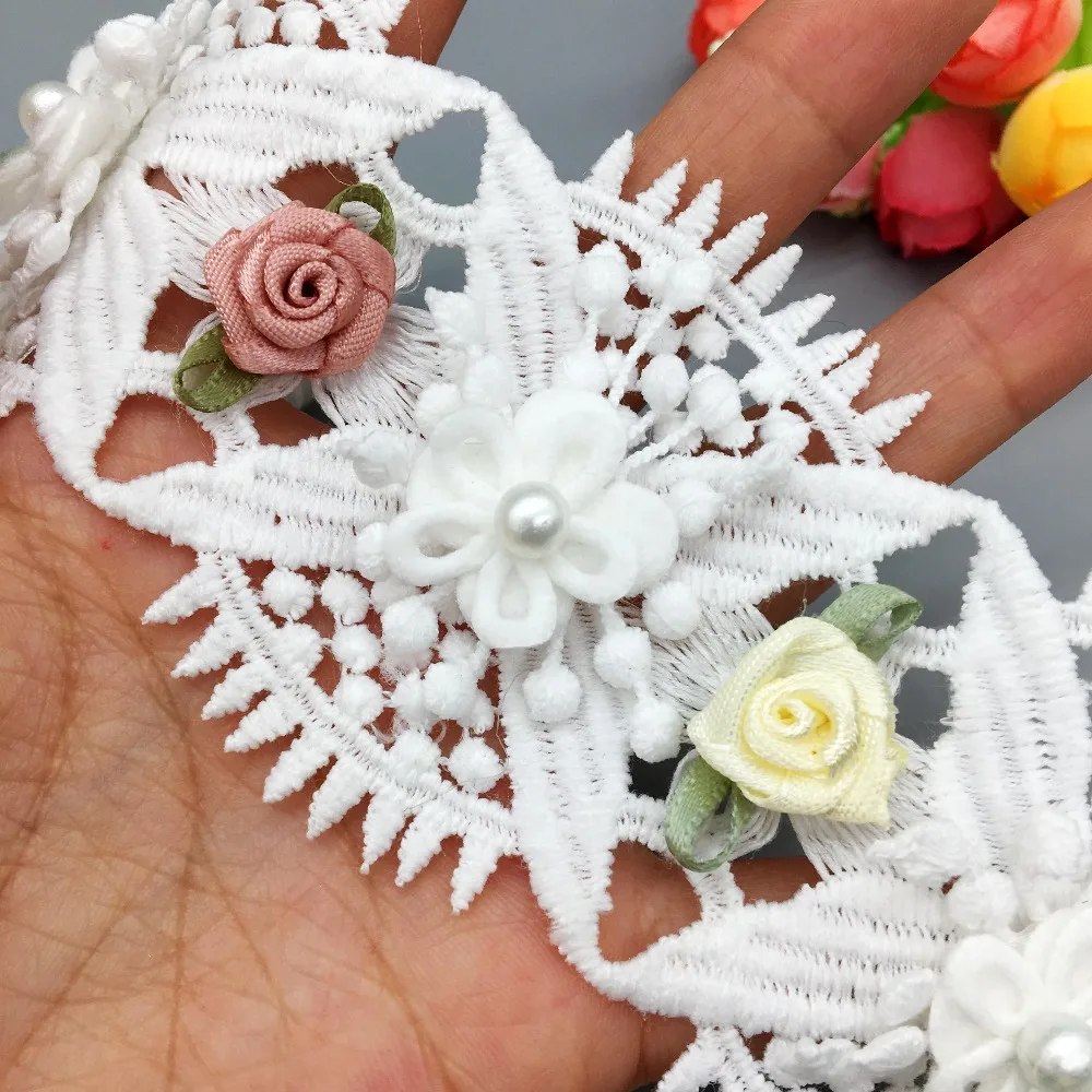 

10X Latest French Laces Fabric Cotton 3D Rose Flower Pearl Lace Trim Ribbon Wedding Dress Embroidered Knitting DIY Sewing Craft