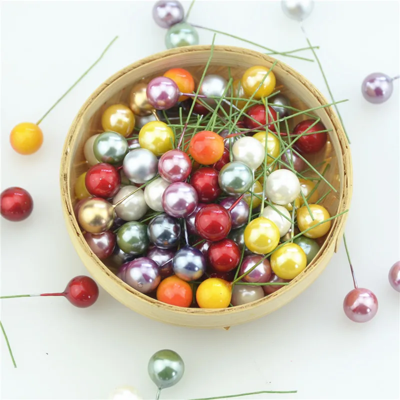 50pcs Gold Pearl Plastic Stamens Bead Artificial Flower small Berries Cherry For Wedding Christmas Cake Box Wreaths Decoration