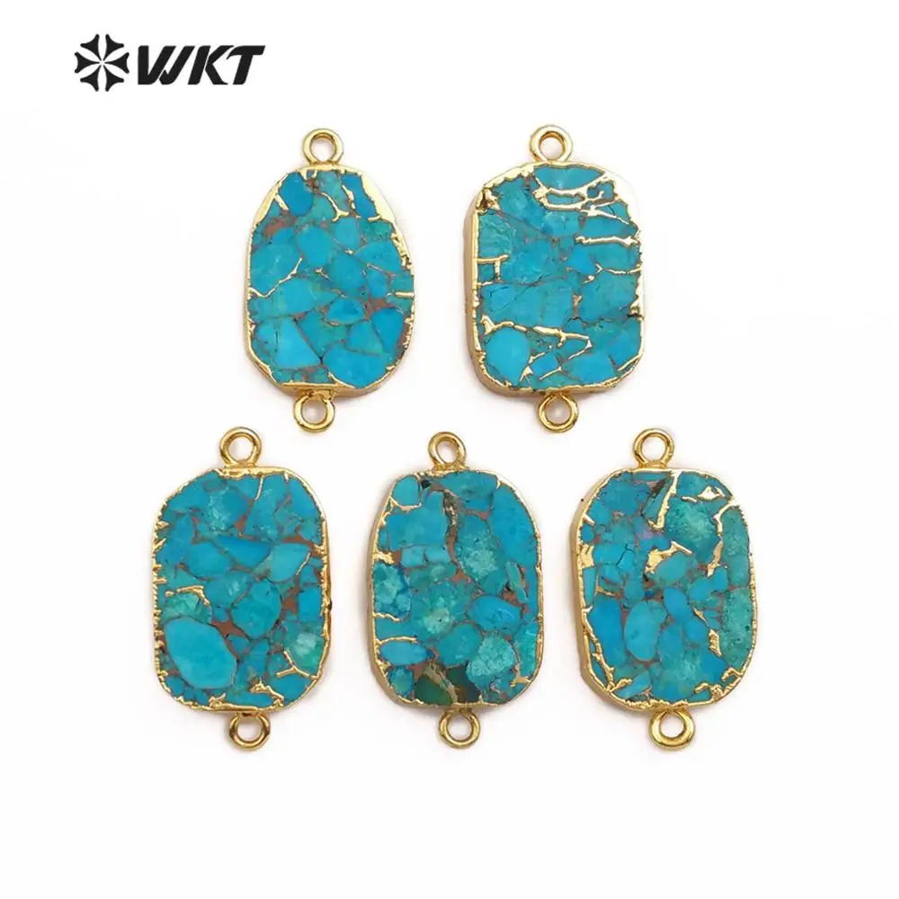 WT-C282 WKT Gold Electroplated Blue Vein Turquoises Double Hoops Connector Gold Electroplated Pendant For Jewelry Making