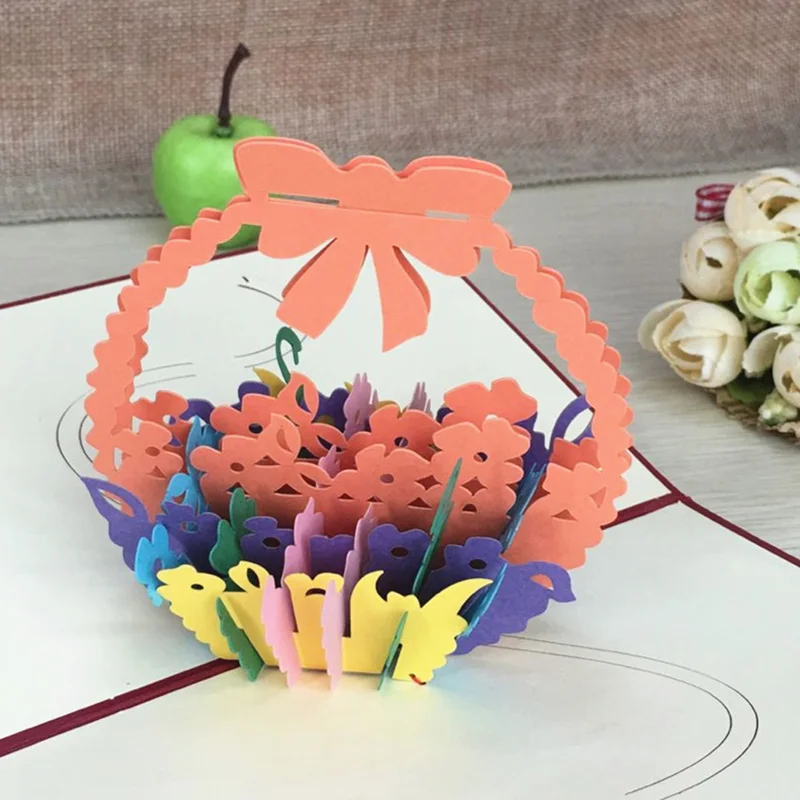 1pcs Flower Basket Pop Up DIY 3D Greeting Card With Envelope Post Card Handmade Christmas Thanksgiving Birthday Souvenirs Gifts