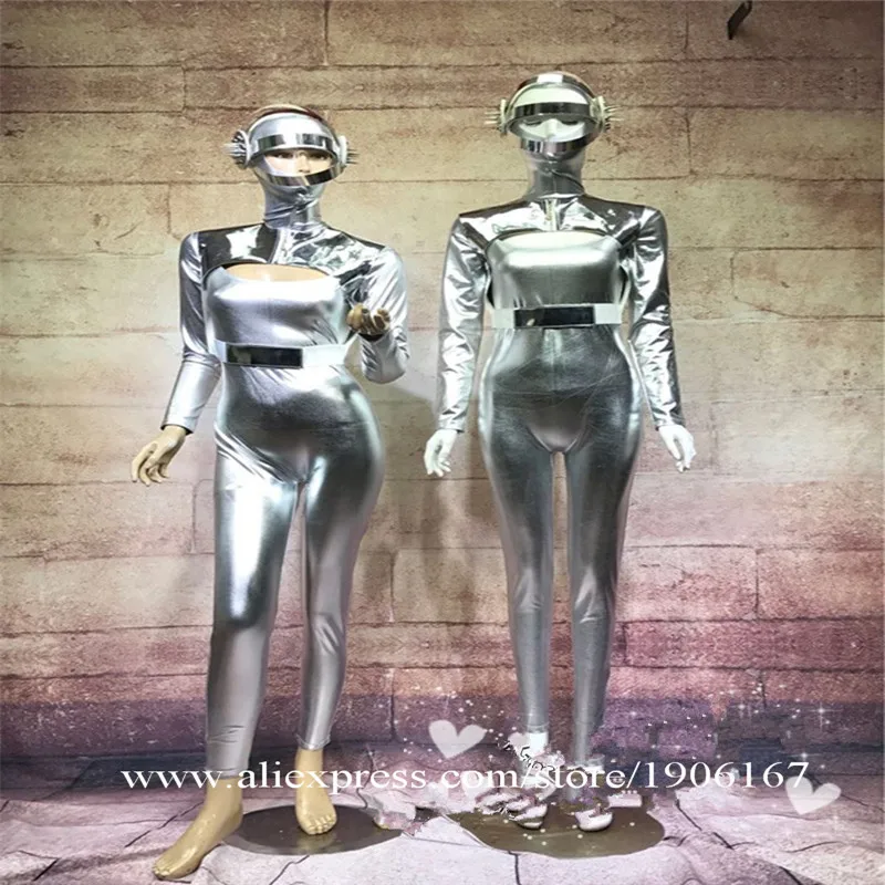 Nightclub Silver Color Coverall Costume DS DJ Dance Team Party Space Suit With Helmet Christmas Halloween Stage Performance Wear