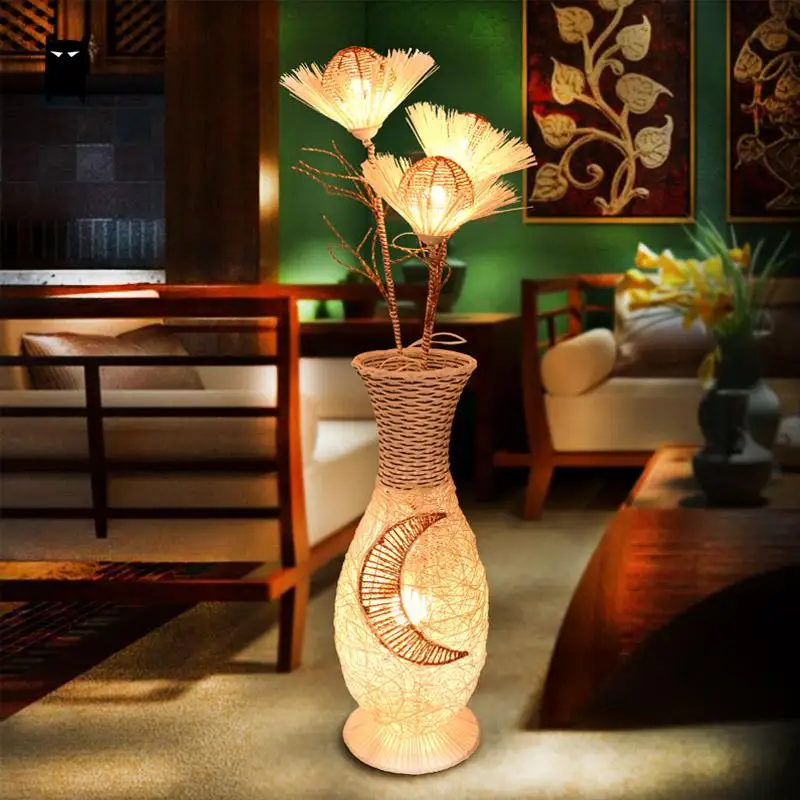 Wicker Rattan Ikebana Lampshade Floor Lamp Fixture Chinese Japanese Style Night Stand Light Luminaria Foyer Living Room Custom