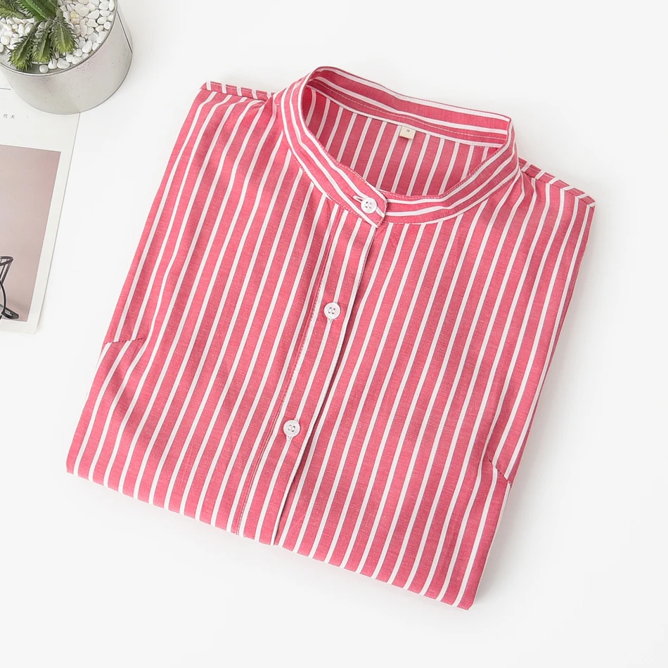 Women Blouses 2023 Spring New Simple Casual Blue Red Striped Long Sleeve Shirt Female Stand Collar Plus Size Blouse Tops Blusas