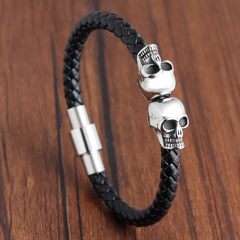 Hyperbole Men Jewelry Black Braided Leather Bracelets Men Stainless Steel Leahter Bracelets Cool Skull Bracelets Men Bracelet