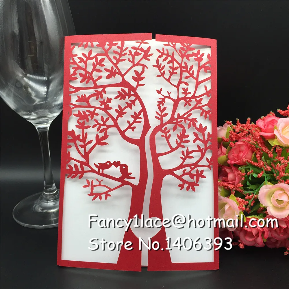 Creative 30pcs/lot Customized Invitations Valentine's Wedding Party Decoration laser cut Love Bird Tree Wedding Invitation cards