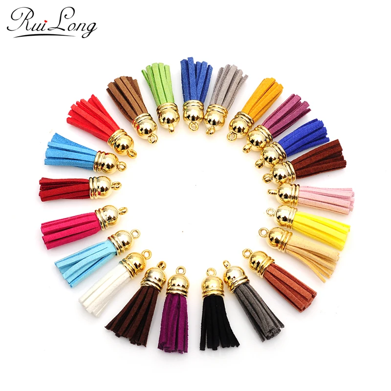 10pcs/lot multicolor mixed Suede Tassel For Keychain Cellphone Straps Charms 38mm Full Leather Tassels gold-color Caps randomly