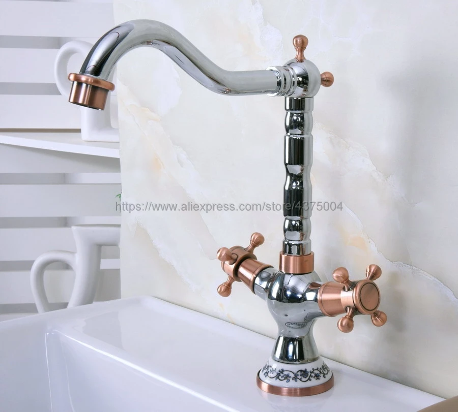 

Polished Chrome And Red Copper Bathroom Deck Mounted 360 degree rotation spout Bathroom Basin Faucet Hot and Cold Tap Nnf902