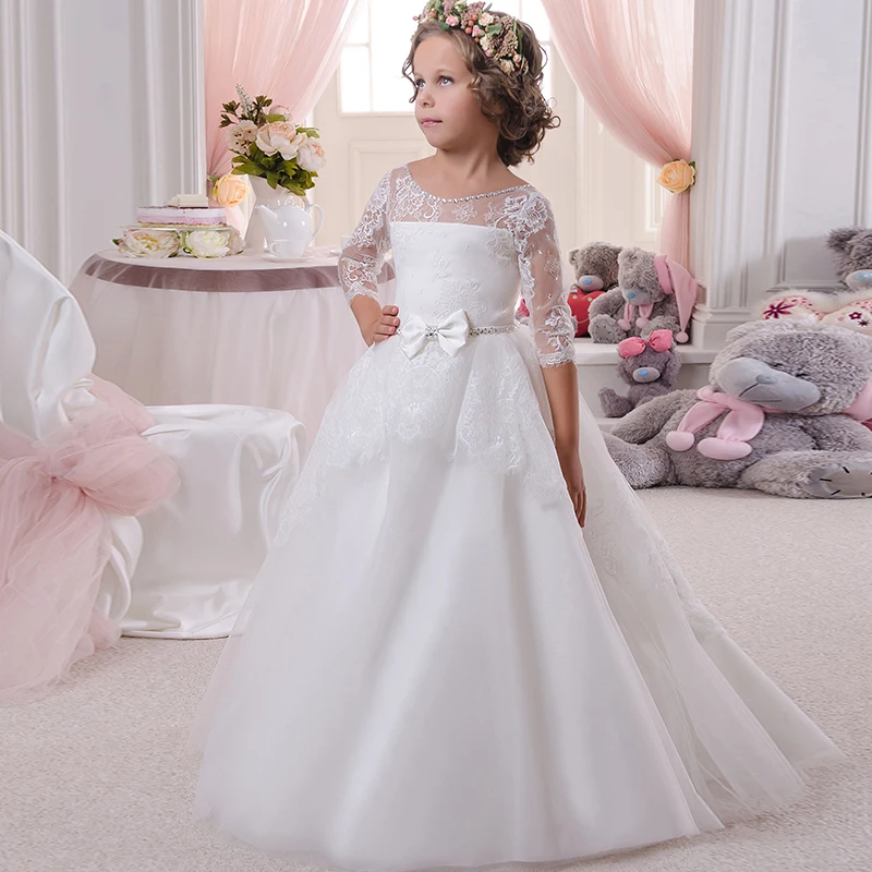 3/4 Long Sleeves Lace Sheer Beaded Flower Girls Dresses For Wedding Birthday Party Toddler Long Formal Gown Vestidos Comunion