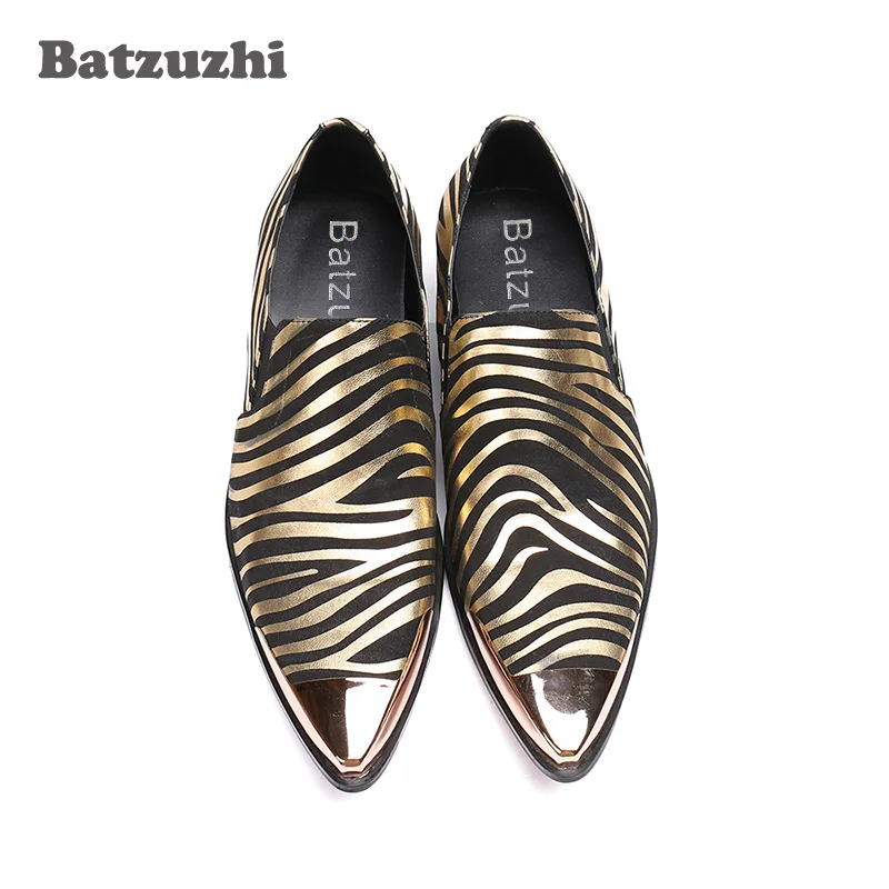 

Batzuzhi Black Gold Genuine Leather Dress Shoes Men Luxury Men Shoes Gold Metal Cap Leather Shoes Men Party and Business, US12