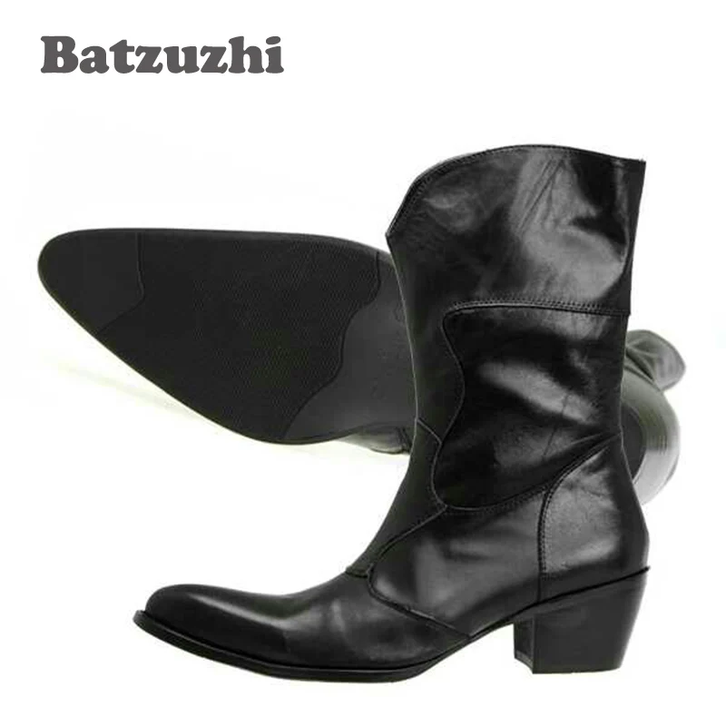

Batzuzhi Black Fashion Vintage Man Boots Pointed Toe Fashion Male Boots Increased High Heels Horsehair Genuine Leather Boots Men
