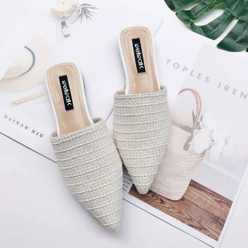 Wellwalk Breathable Mule Shoes Women Flat Slippers Unicorn Ladies Cane Weaving Sliders Female Summer Pointed Toe Slides Office