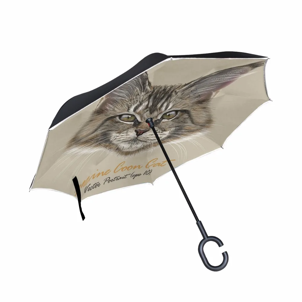 Maine Coon Cat Reverse Umbrella Double Layer Inverted Umbrella Creative Graphic Windproof Car Umbrella Oversized Umbrella