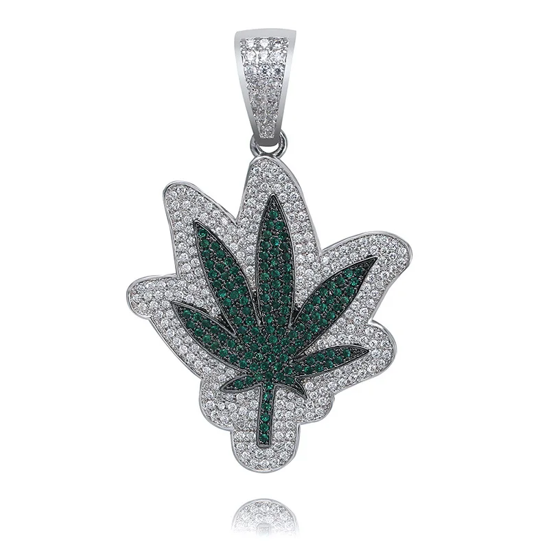 

Hip Hop Green White CZ Stone Paved Bling Ice Out annabis Marijuana Leaf Pendants Necklaces for Men Rapper Jewelry Drop Shipping