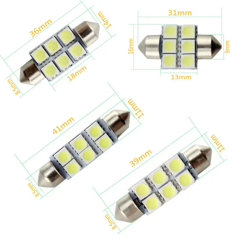 YM E-Bright 100PCS C5W 5050 6 SMD 31mm/36mm/39mm/41mm Festoon Dome LED Light Bulbs Car Door Light Dome Light Roof Light Mix Size