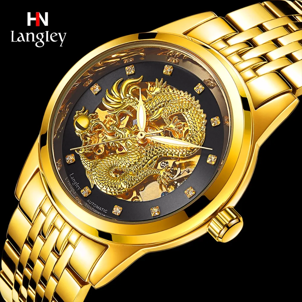 

LANGLEY Brand Men's Skeleton Automatic Mechanical Watches Male Stainless Steel Dragon Wristwatch Waterproof Relogio Masculino