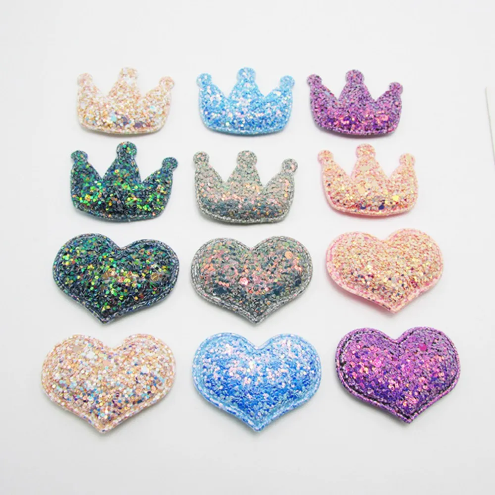 100PCS/Lot sew on Glitter felt patches for clothes crown heart padded applique scrapbooking accessories