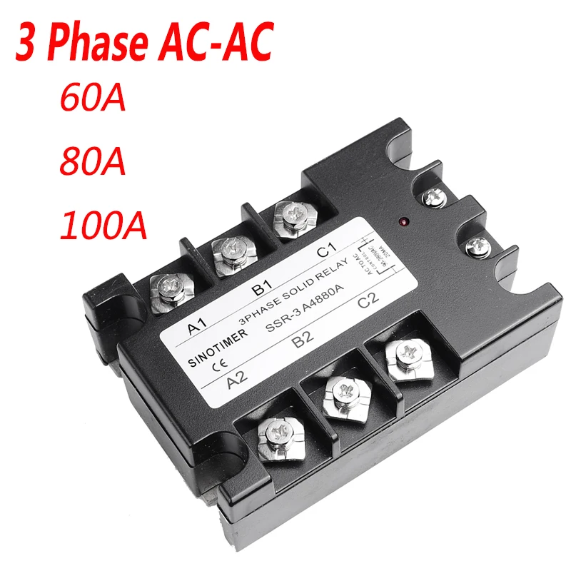 3 Phase Relay 60A 80A 100A SSR 90-280V AC 20mA AC to AC Solid State Relay Three Phase Rele with Cover