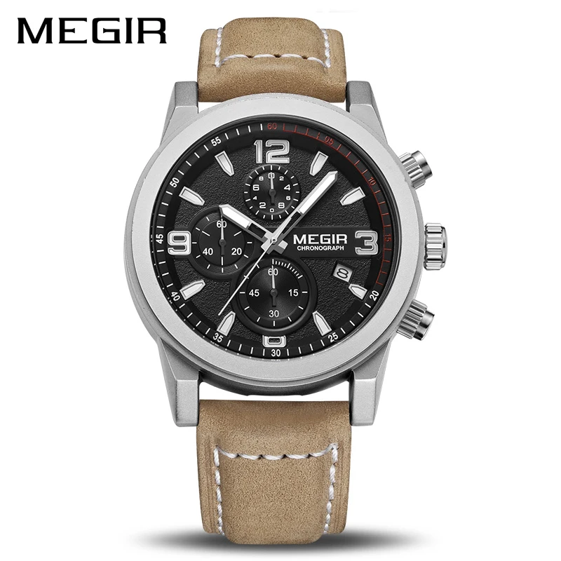 MEGIR Fashion Watch Top Brand Men Quartz Sport Chronograph Watches Mens Casual Waterproof Army Leather Clock Relogio Masculino