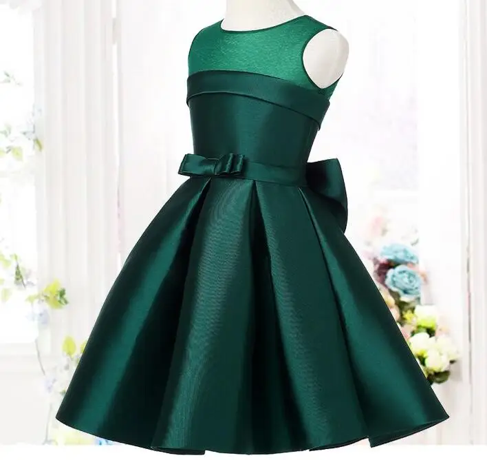 Green Satin Party Dance Baby Girls Dresses for School show Princess Dress teenager Girls Costume Kids Clothes 2-14 Year Birthday